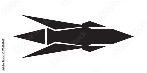 A black abstract geometric shape resembling a rocket or a fish is cleanly presented on a white surface
