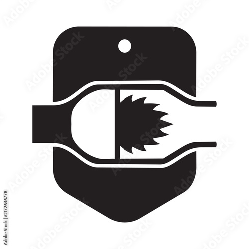 A black hand holding a saw blade element inside a stylized bottle or flask shape is displayed