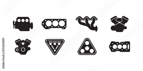 A diverse collection of eight black icons showing engine components and billiard triangles on a white background