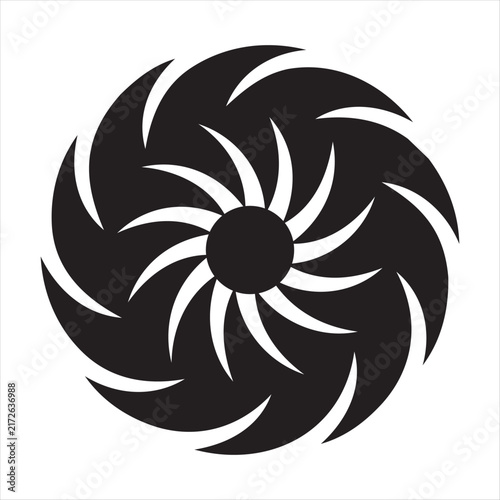 A powerful black circular symbol depicts numerous sharp, swirling blade like elements around a central core