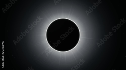 stunning visual of a total solar eclipse featuring a dark central orb surrounded by a luminous glowing ring and radiant light beams against a dark space background.