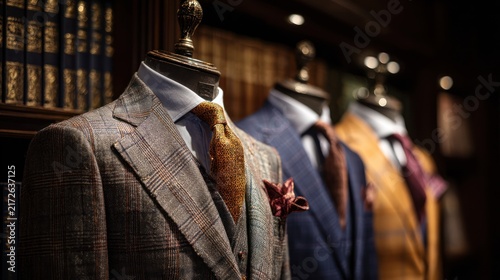 Elegant suits displayed on mannequins
