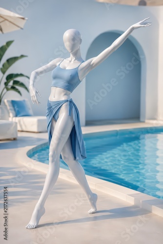 Elegant Mannequin Posing in Swimwear by a Luxurious Swimming Pool, Serene Resort Setting, Summer Lifestyle and Vacation Concept