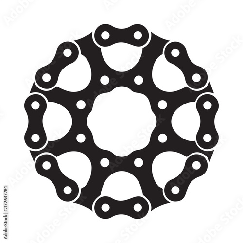 Circular bicycle chain forming an intricate gear design on a white background