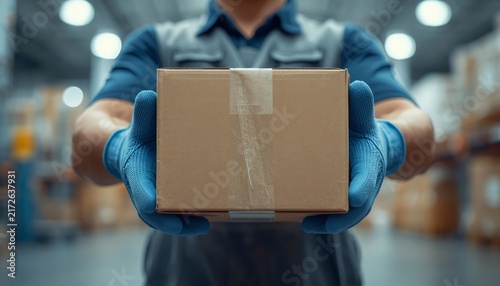 Warehouse worker holding a cardboard delivery box with blue protective gloves.