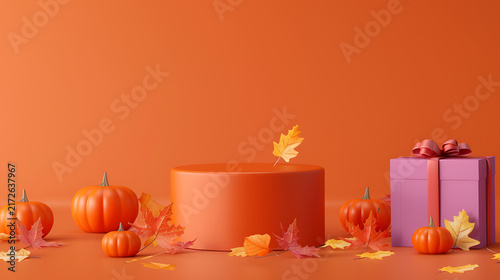 3D autumn orange product display podium with pumpkins leaves and gift box for Halloween sale mockup