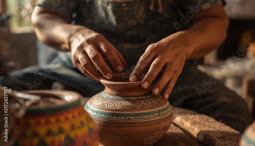 Close up of an artisan potter shaping a traditional clay vessel in a workshop.