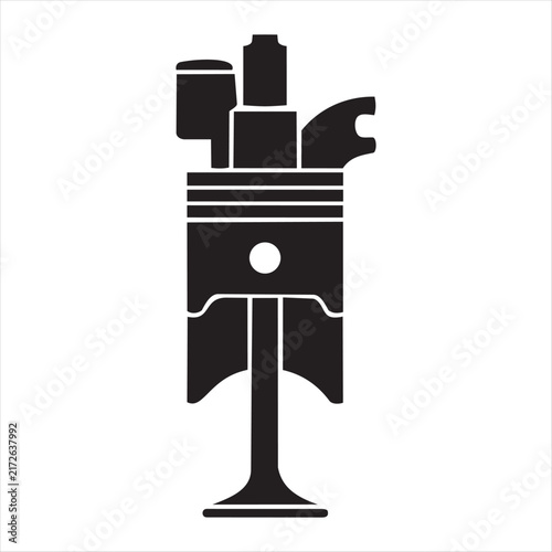 Detailed black silhouette of an engine piston with its associated valve components on a stark white background