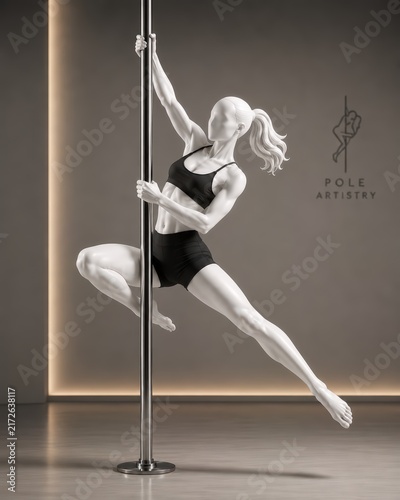 Dynamic Pole Artistry Mannequin Executing an Angled Pose with Precision and Power, Modern Studio Environment with Branding