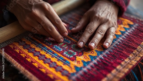 Close up of artisan hands working on a traditional handwoven textile pattern.