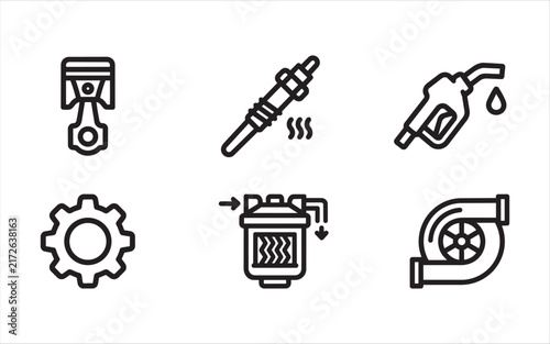 Six line icons representing various mechanical engine parts and essential automotive components