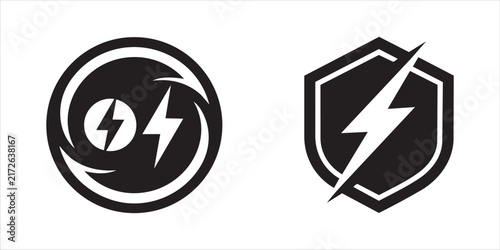 Solid black lightning bolt icons appear in a swirling circle and a hexagonal shield shape