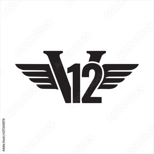 Stylized black V12 text with wings spread out on both sides, presented on a clean white background