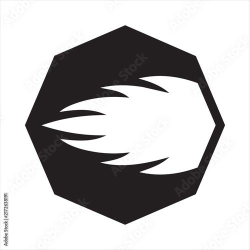 This prominent black hexagonal shape encloses a dynamic white form resembling a swift burst or projectile motion