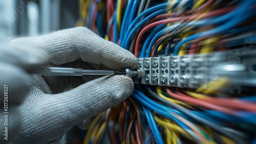 Technician working on electrical wiring inside a control panel with a screwdriver.