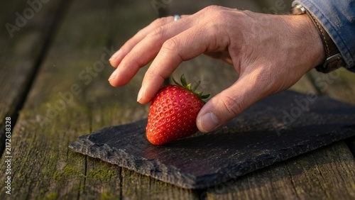 A hand placing a fresh ripe red strawberry onto a slate board.
