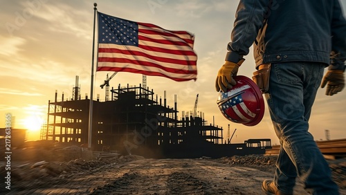 Construction worker holding a hard hat with the American flag waving at a building site at sunset.