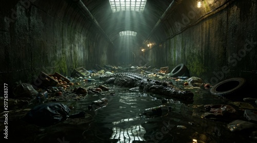 Dark and gloomy underground tunnel filled with scattered trash and debris under shafts of light.