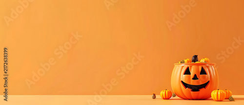 Wide commercial orange Halloween banner plastic pumpkin bucket right copy space for autumn sale web