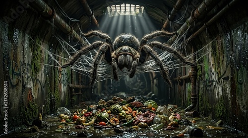 A giant terrifying spider lurking in a dark damp underground sewer tunnel with debris.