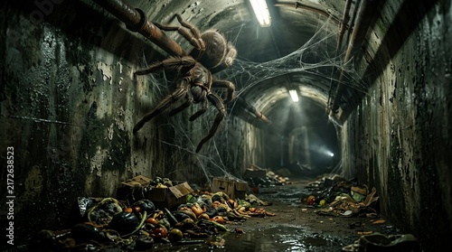 A giant spider lurking in a dark abandoned underground tunnel filled with trash and cobwebs.