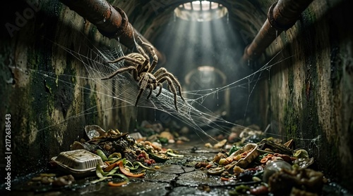 A large spider spinning a web in a dark and dirty urban underground sewer tunnel.