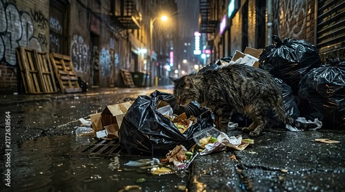 A stray cat scavenging for food in a dark urban alleyway at night.