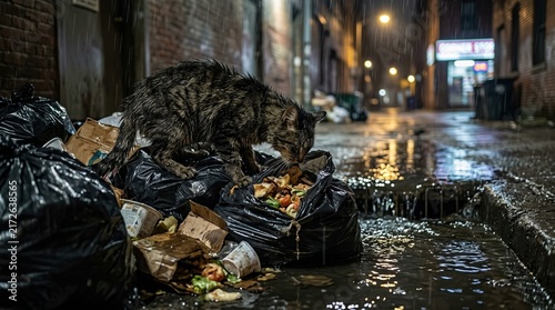 A stray cat scavenging for food in trash bags on a dark city alleyway at night.