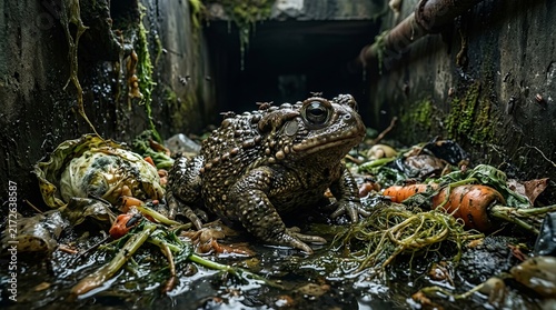 A large bumpy toad sitting among discarded food waste in a dark urban drainage pipe.