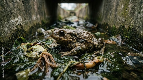 A common toad sitting in a dirty concrete drainage ditch filled with debris and mud.
