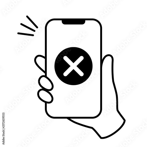 Hand holding smartphone with error cross mark, rejected vector illustration