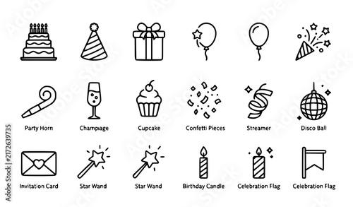 Birthday Party Celebration Icon Set with Cake, Party Hat, Gift, Balloons, Cupcake, Confetti, Champagne and Disco Ball