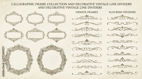 Decorative calligraphic frames and vintage line dividers set featuring elegant ornate flourishes and detailed Victorian border patterns on a textured light beige paper background backdrop