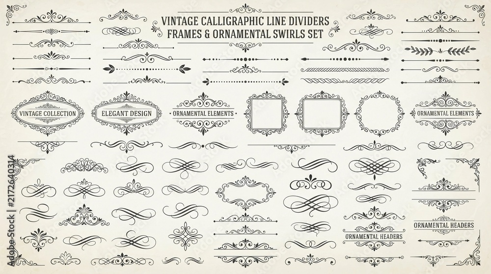 Fototapeta premium Vintage calligraphic line dividers and ornamental frames collection featuring elegant swirls and flourishes for professional graphic design projects requiring a classic luxury style paper aesthetic
