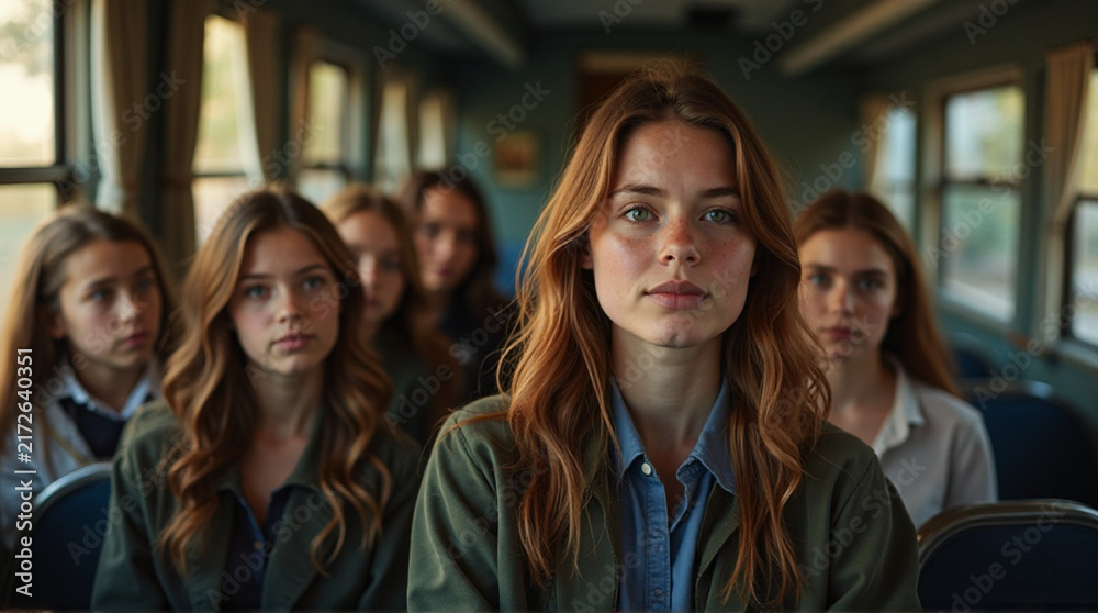 Fototapeta premium Group of Young Women Sitting on Train