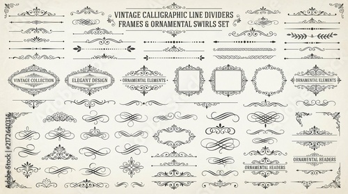Vintage calligraphic line dividers and ornamental frames collection featuring elegant swirls and flourishes for professional graphic design projects requiring a classic luxury style paper aesthetic