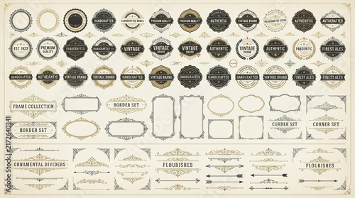 Vintage collection of decorative badges labels frames borders and ornamental flourishes designed with elegant gold and black details perfect for professional branding projects and creative stationery