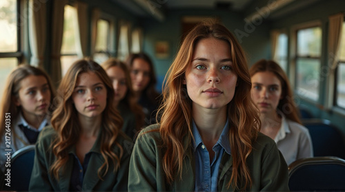 Group of Young Women Sitting on Train