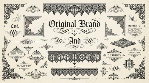 Ornate vintage design elements featuring detailed gothic corners and classic floral dividers displayed on a textured beige background to provide elegant inspiration for creative graphic projects