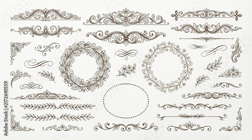 Vintage flourish set featuring intricate floral dividers ornate wreath elements decorative scrollwork corners and elegant border designs drawn in dark brown lines on cream paper background