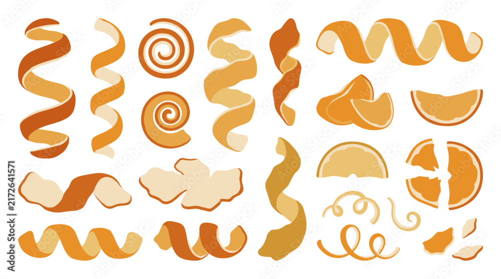 Obraz premium Set of orange zest curls and citrus slices, culinary garnish for food styling, beverage decoration, fresh fruit ingredients, vector illustration