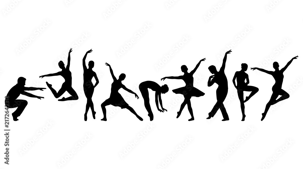 Obraz premium Set of graceful ballet dancer silhouettes showing diverse performance poses, fluid movement, artistic choreography, motion analysis, rhythmic