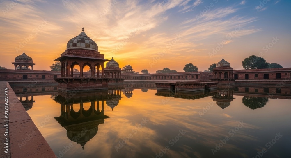 Obraz premium Stunning Sunset Reflection Over Ancient Indian Architecture and Water.