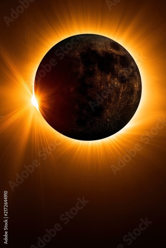 Total solar eclipse showing diamond ring effect in deep space in a sharp telephoto shot for scientific educational marketing