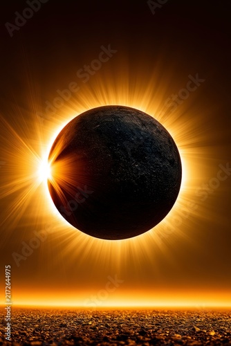 Total solar eclipse glowing above a textured rocky horizon in a dramatic wide shot for astronomy education and science marketing