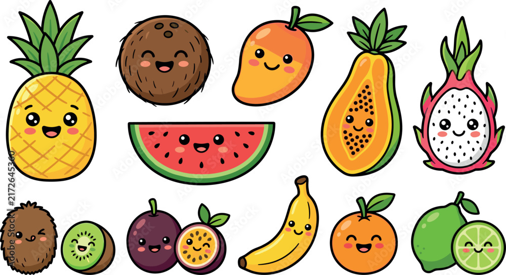 Fototapeta premium Cute Fruit Characters Set, Kawaii Style Illustration. Tropical Fruit Icons, Cheerful Design Elements