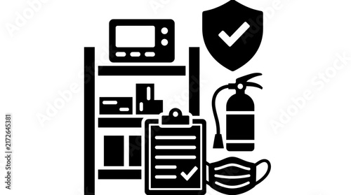 Pharmaceutical warehouse safety and compliance checklist icon set