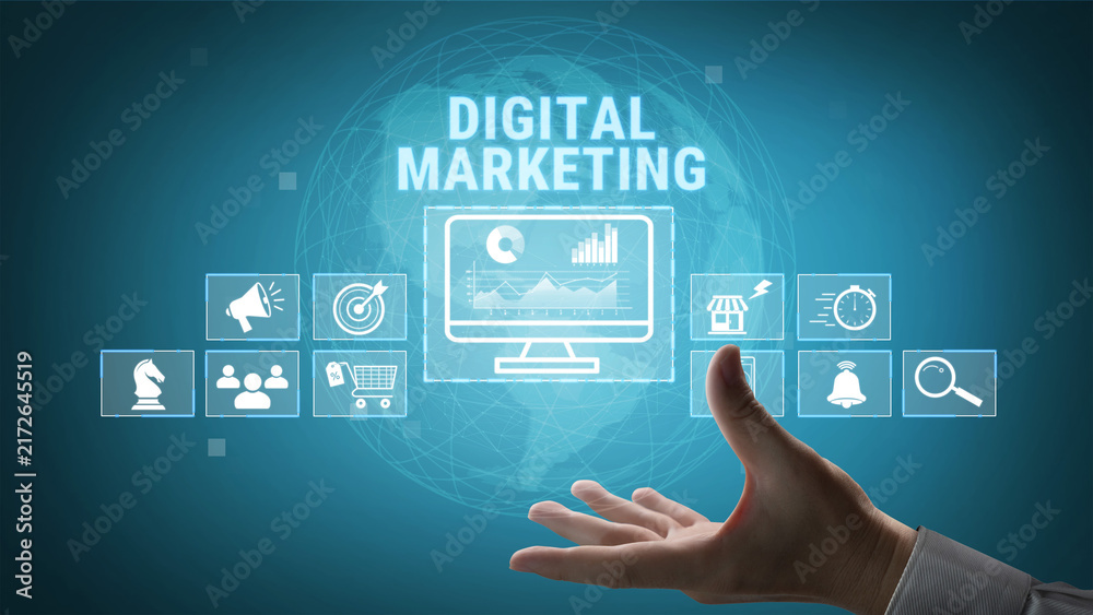 Obraz premium Hand Reaching Out Towards Digital Marketing Interface with Various Symbols for Growth Strategies and Online Presence Enhancement Quark.