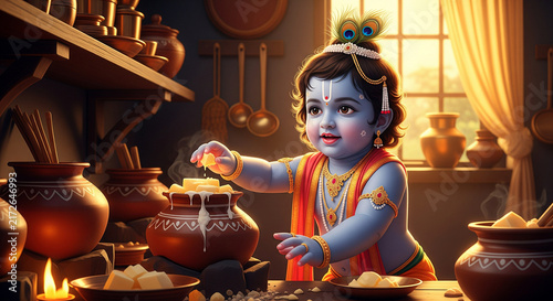 Adorable baby Krishna playfully reaching for butter from an earthen pot.