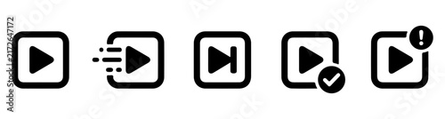 Video Player Icon Set with Play, Skip, Next, Verified and Warning Symbols, Black Vector Collection
